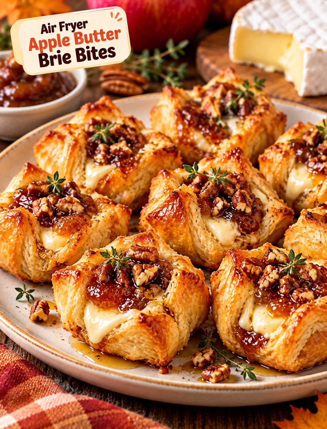 Air Fryer Apple Butter Brie Bites with golden puff pastry, melted Brie, apple butter, pecans, honey, and fresh thyme