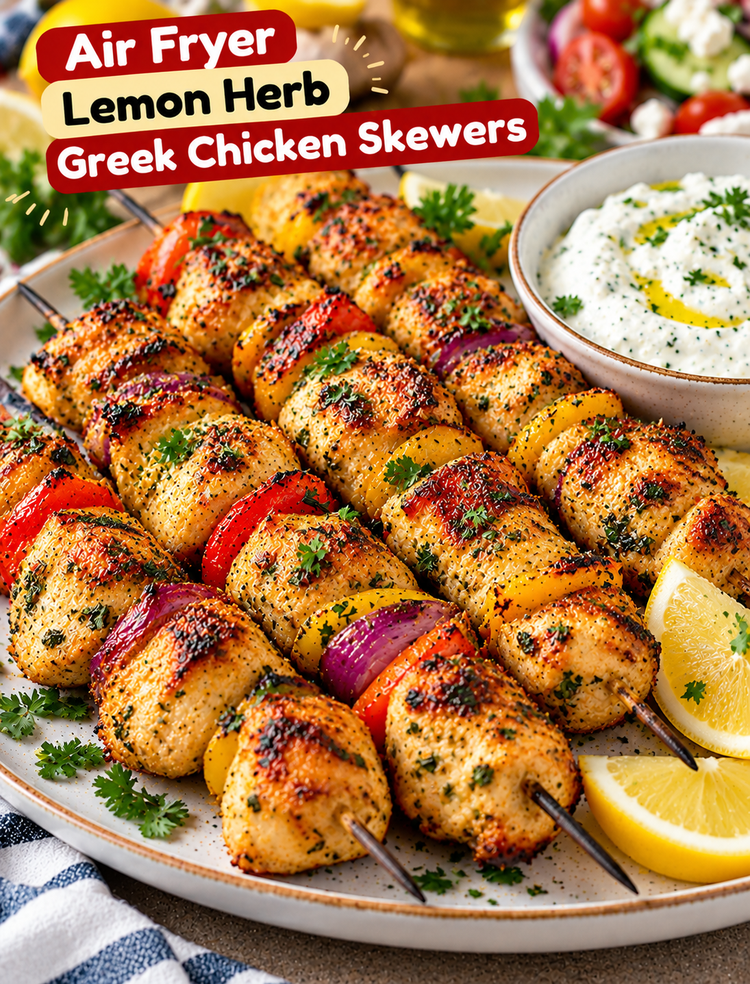 Air fryer lemon herb Greek chicken skewers with golden chicken pieces, fresh parsley, lemon wedges, and creamy tzatziki sauce.