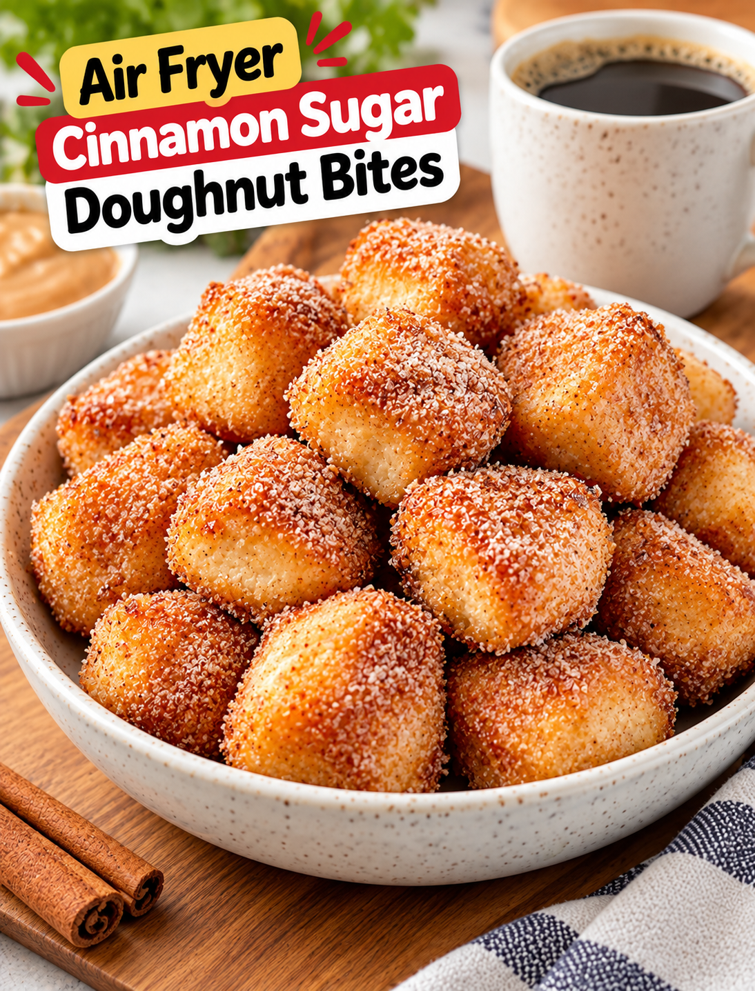 Air Fryer Cinnamon Sugar Doughnut Bites coated with buttery cinnamon sugar
