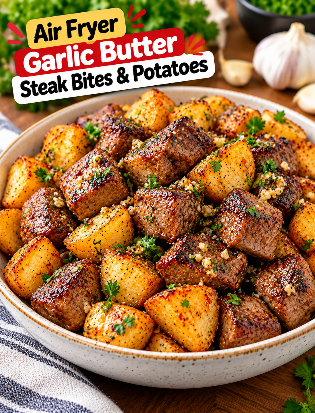 Air Fryer Garlic Butter Steak Bites and crispy potatoes with fresh parsley