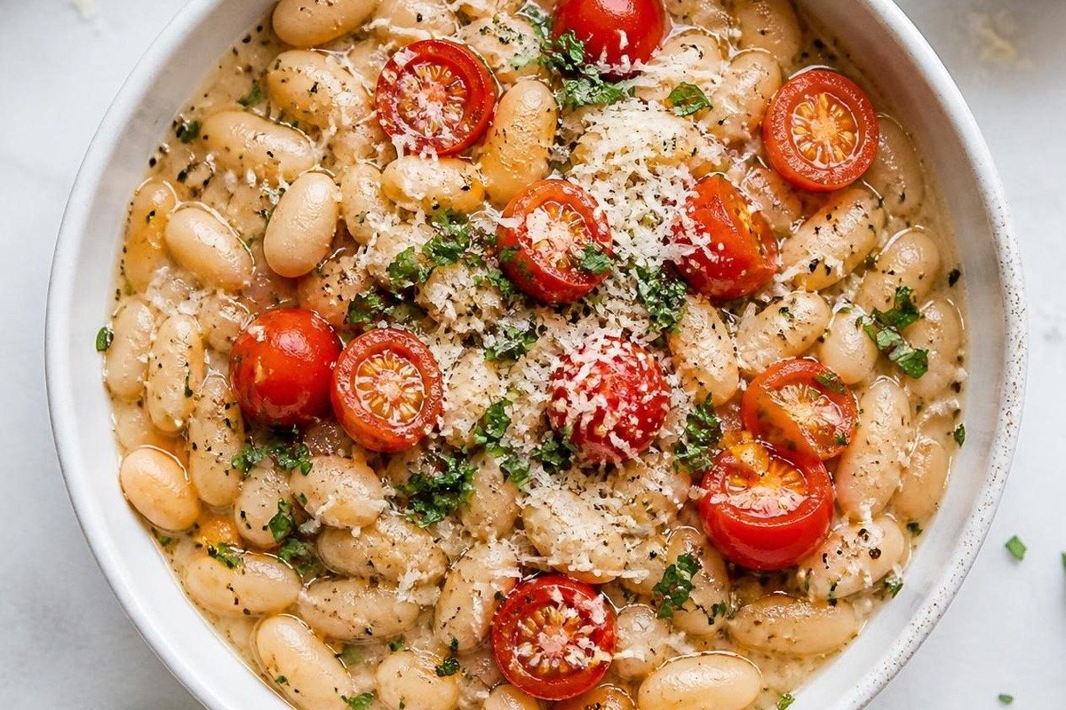 Garlic parmesan white beans with cherry tomatoes and herbs