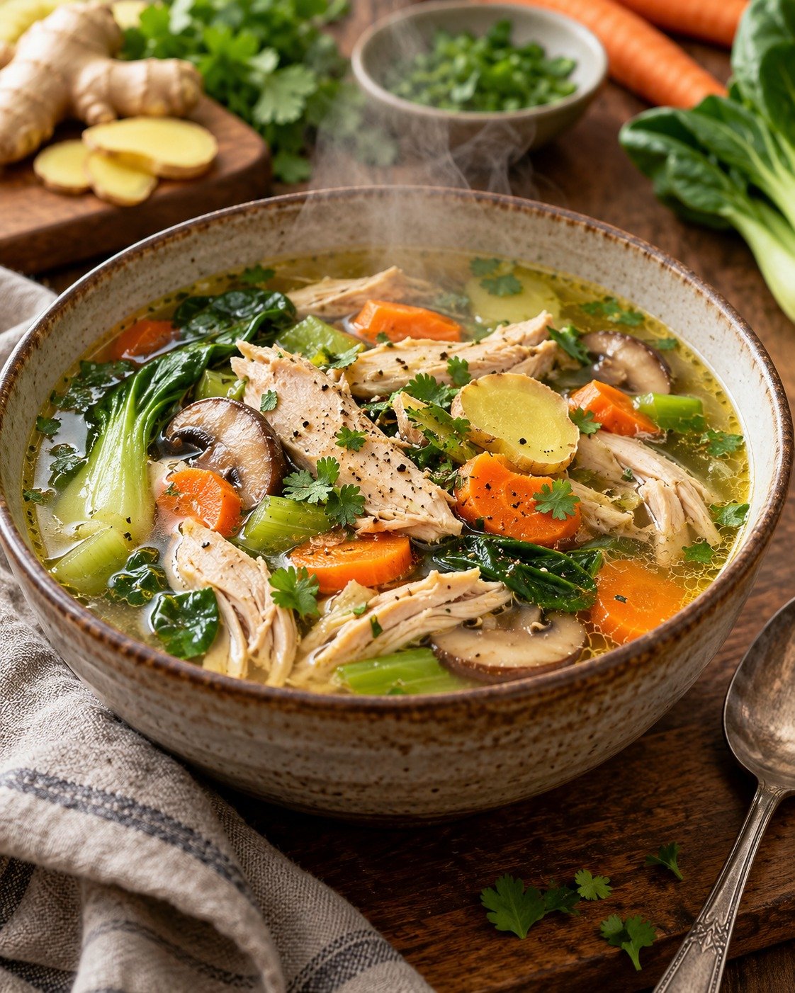 Ginger Chicken Soup with tender chicken, fresh ginger, garlic, carrots, celery, spinach, mushrooms, and savory broth