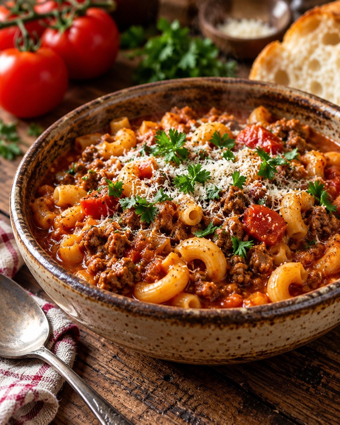 Beef Goulash with tender beef, potatoes, carrots, onions, tomatoes, paprika, herbs, and rich savory sauce