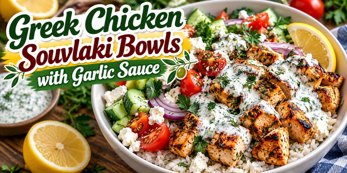 Greek Chicken Souvlaki bowls with grilled chicken, rice, cucumber, tomatoes, feta, fresh herbs, lemon, and creamy garlic sauce