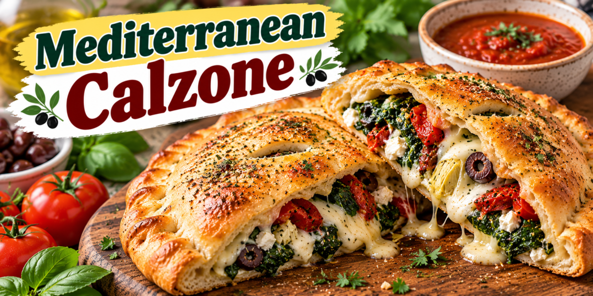 Mediterranean Calzone filled with ricotta, mozzarella, feta, spinach, olives, roasted peppers, herbs, and golden pizza dough