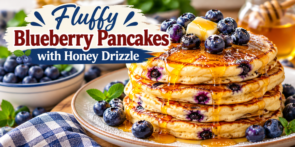 Fluffy Blueberry Pancakes with fresh blueberries and warm honey drizzle