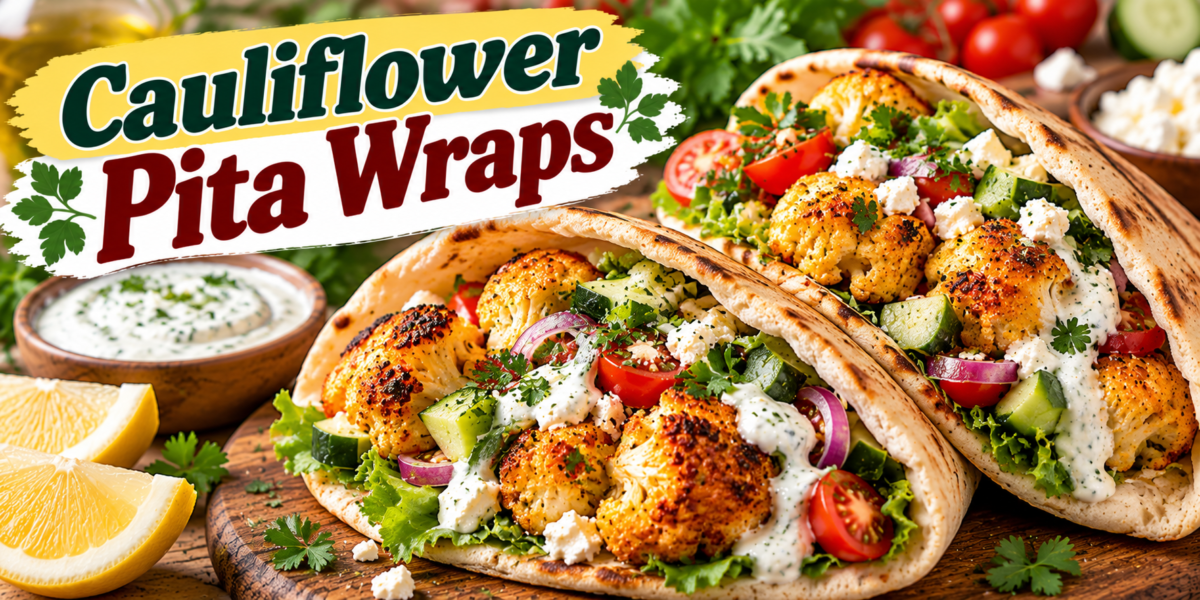 Cauliflower Pita Wraps filled with roasted cauliflower, cucumber, tomatoes, lettuce, feta, herbs, and creamy yogurt sauce