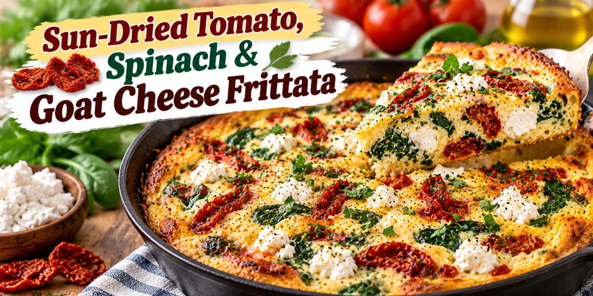 Goat Cheese Frittata with sun-dried tomatoes, spinach, eggs, fresh herbs, and creamy goat cheese