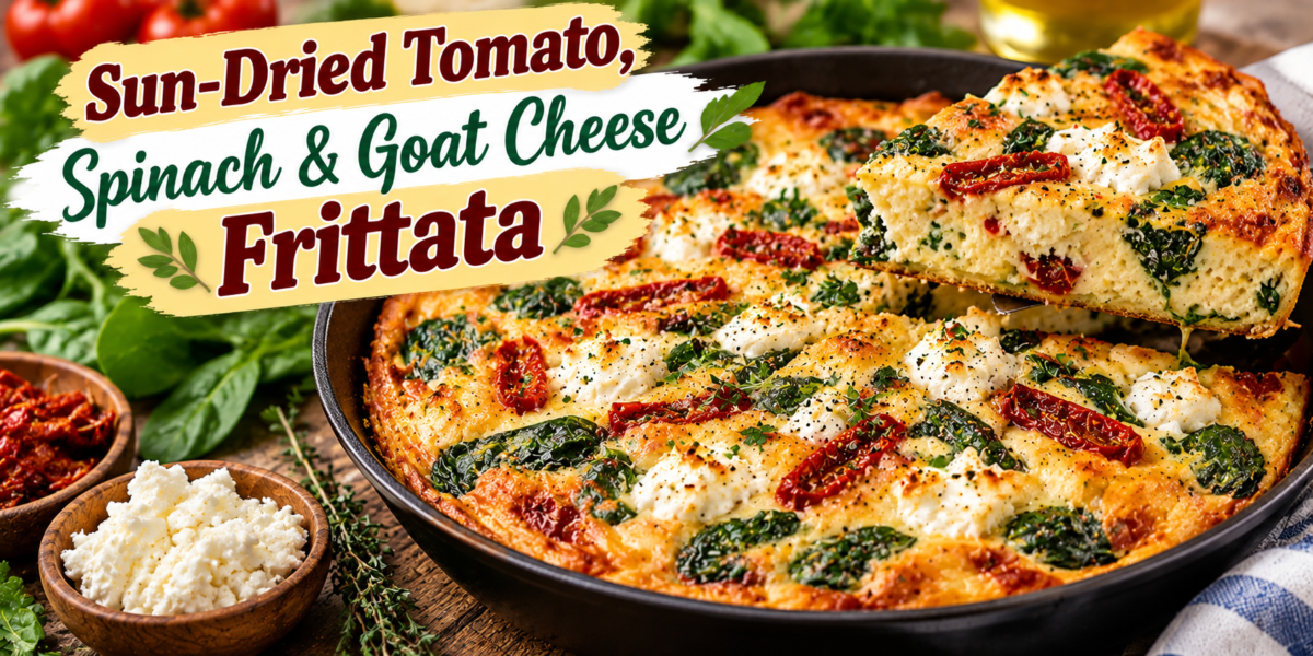 Goat Cheese Frittata with sun-dried tomatoes, spinach, eggs, fresh herbs, and creamy goat cheese
