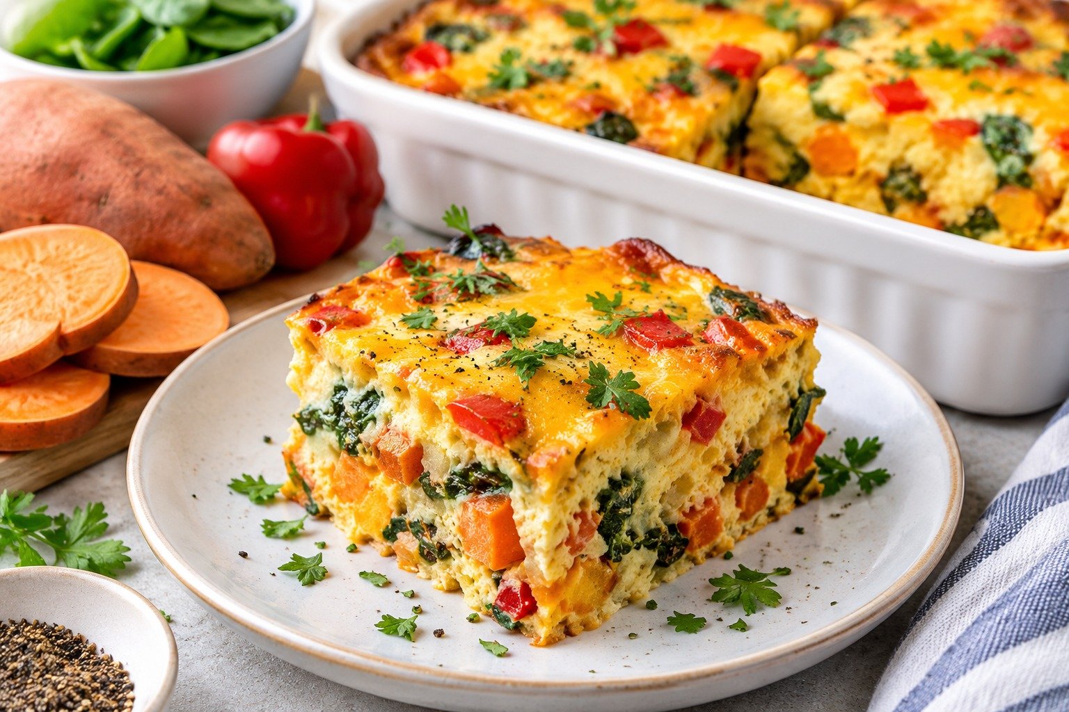 Sweet Potato Egg Bake with eggs, sweet potatoes, spinach, bell peppers, tomatoes, herbs, and melted cheese