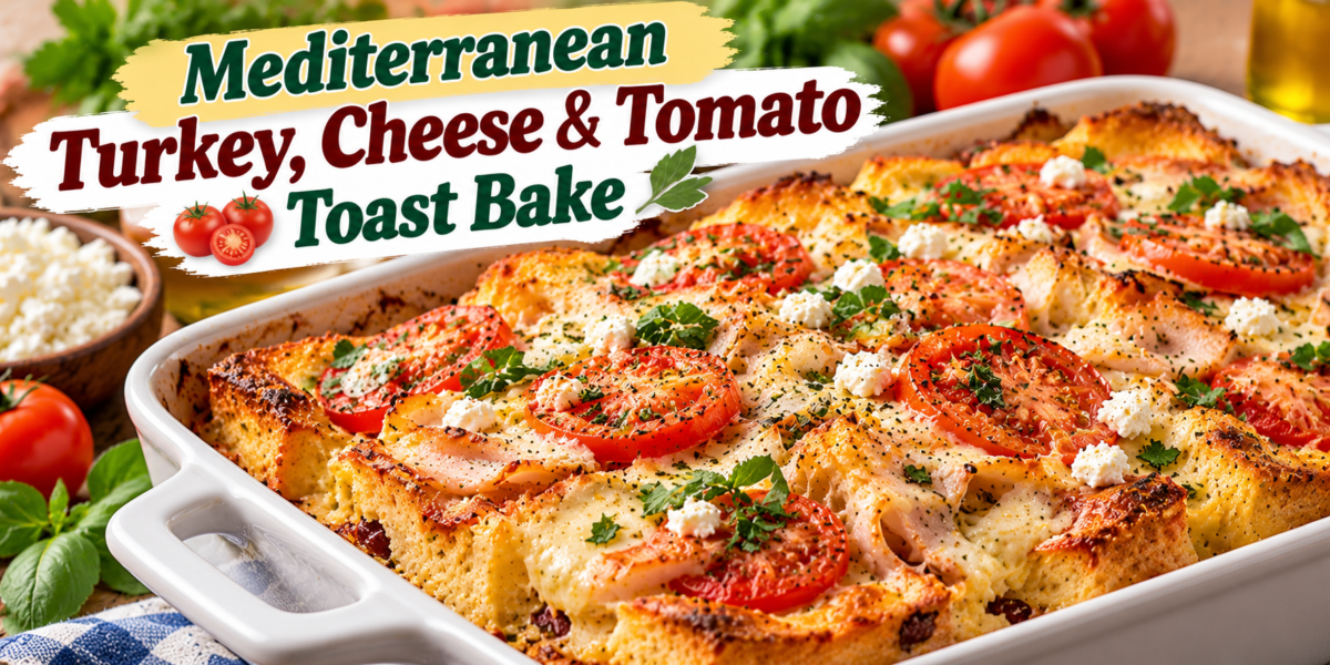 Turkey Toast Bake with sliced turkey, tomatoes, eggs, mozzarella, feta, herbs, and toasted bread