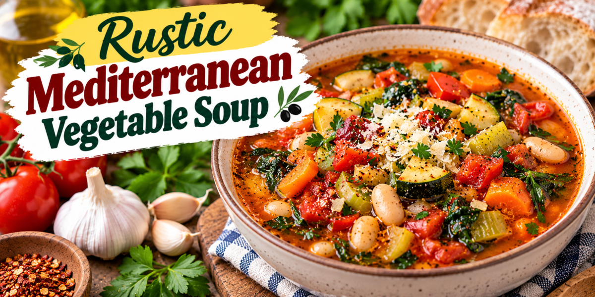 Mediterranean Vegetable Soup with tomatoes, zucchini, carrots, beans, spinach, garlic, herbs, and rich vegetable broth