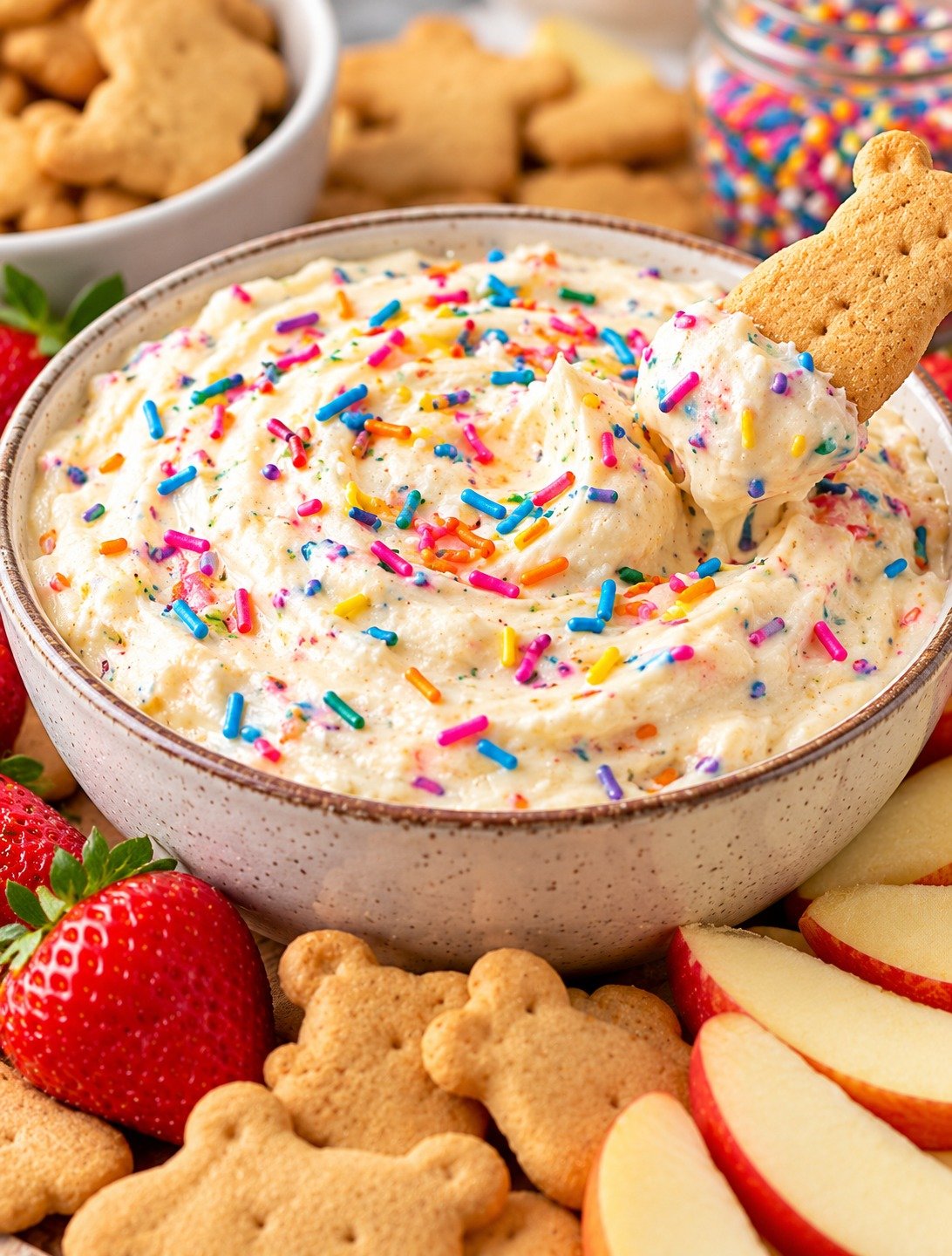 Dunkaroo Protein Dip with Greek yogurt, vanilla protein powder, pudding mix, and colorful rainbow sprinkles