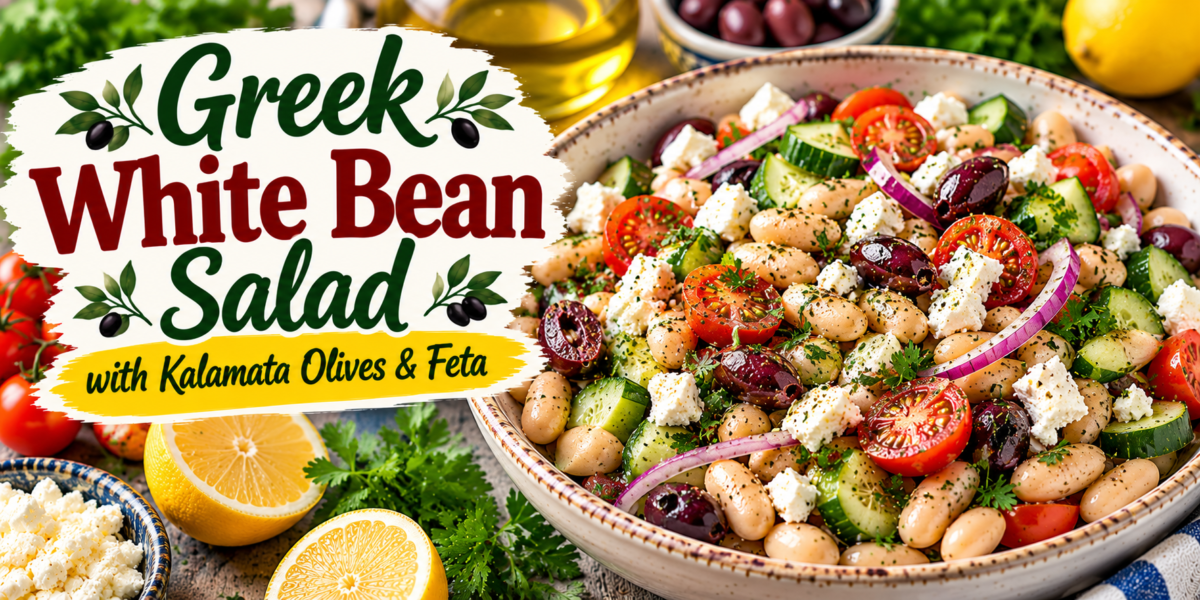 Greek White Bean Salad with Kalamata olives, feta, cucumber, tomatoes, fresh herbs, and lemon dressing