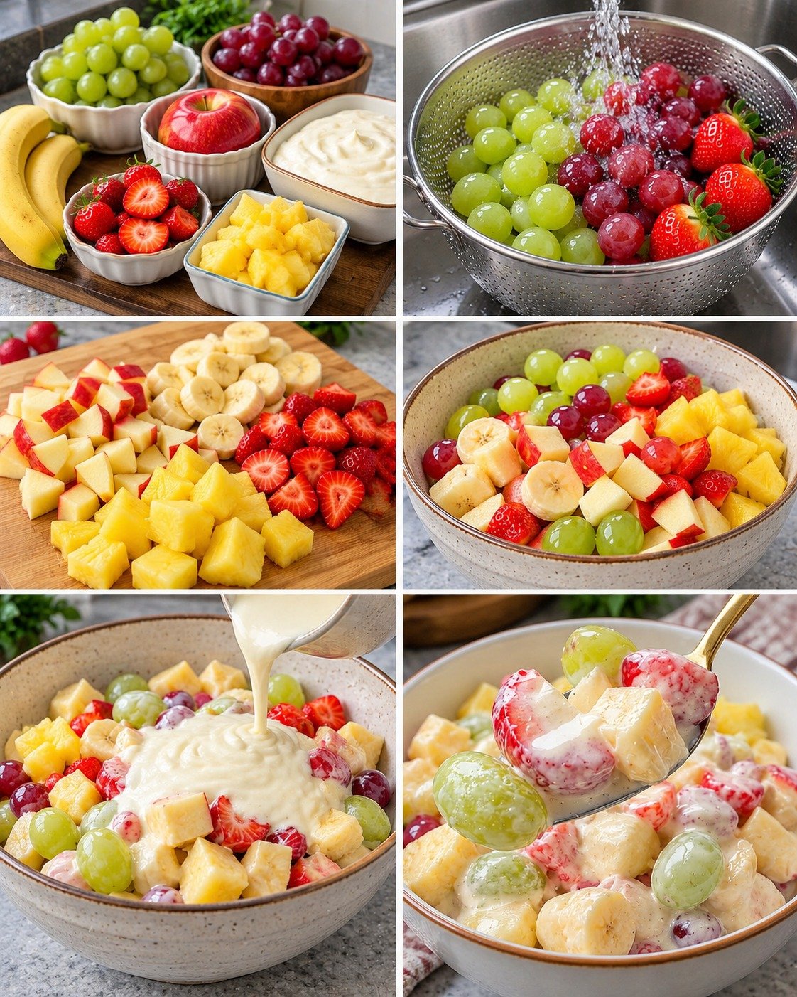 Creamy Fruit Salad with grapes, strawberries, blueberries, pineapple, apples, bananas, and a creamy yogurt dressing